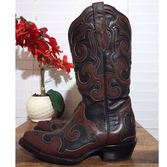 Women's Leather Tooled Snip Toe Brown Black J.B Dillon Cowboy Boots sz 7.5B - Picture 3 of 13